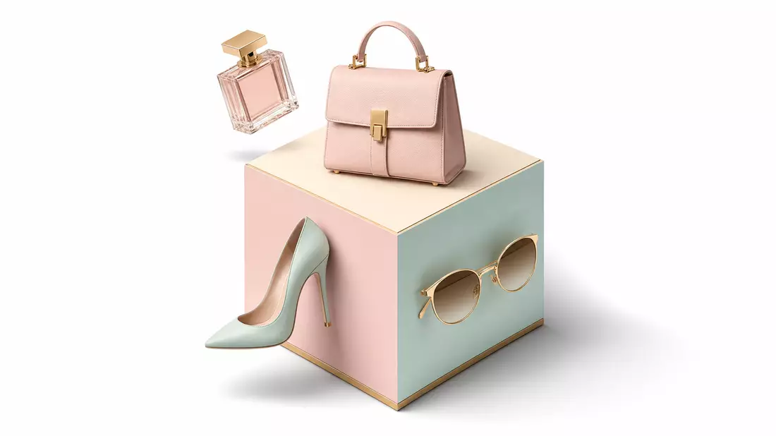 Isometric 3D illustration of a cube pedestal displaying handbag stiletto sunglasses and perfume bottle
