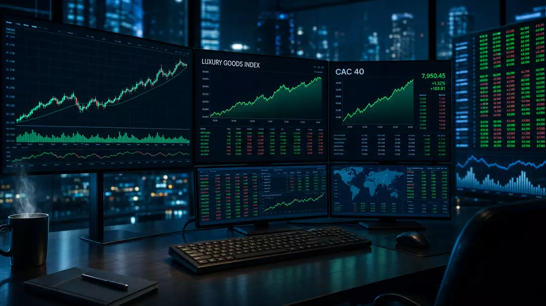 Financial editorial showing trading monitors with Luxury Goods Index charts and CAC 40 ticker data