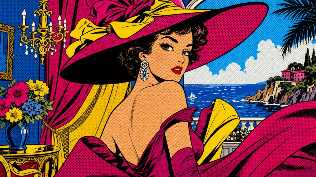 Pop art comic illustration of glamorous woman in bold designer dress with large hat in vivid colors