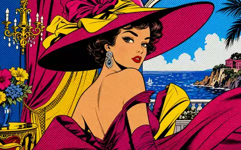 Kering FR0000121964 pop art comic glamorous woman designer evening dress large hat vivid colors - Foto: THN
