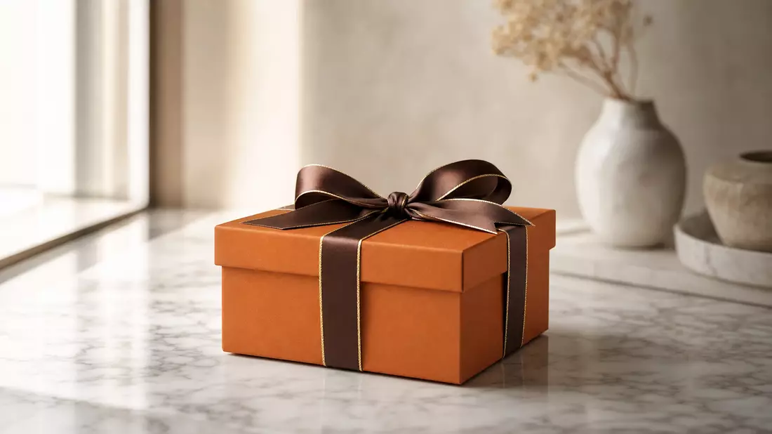 Photorealistic orange luxury gift box with brown satin ribbon on white marble surface