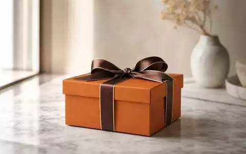 Hermès FR0000125452 präsentiert eine orangefarbene Luxus-Geschenkbox mit braunem Satin-Band auf weißem Carrara-Marmor - Foto: THN
