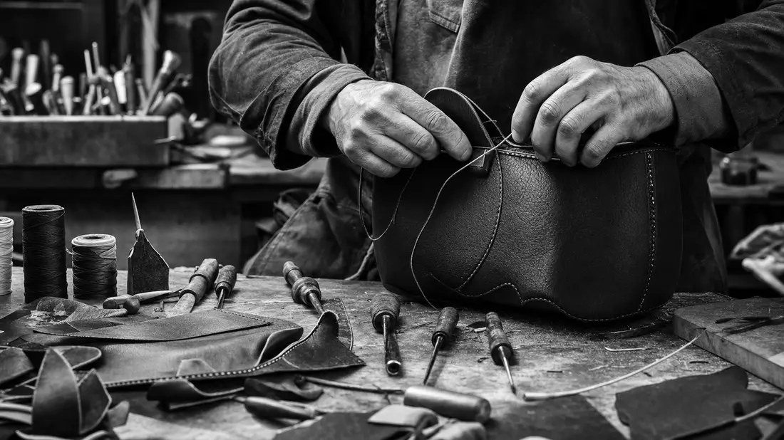Black and white documentary photo of leather artisan hand-stitching a leather bag in workshop