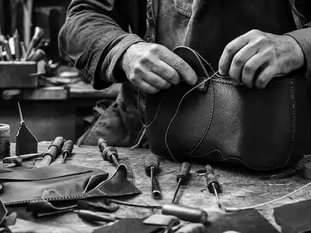 Hermès FR0000125452 zeigt einen Lederhandwerker der im Atelier mit Sattlernadel eine Tasche vernäht - Foto: THN
