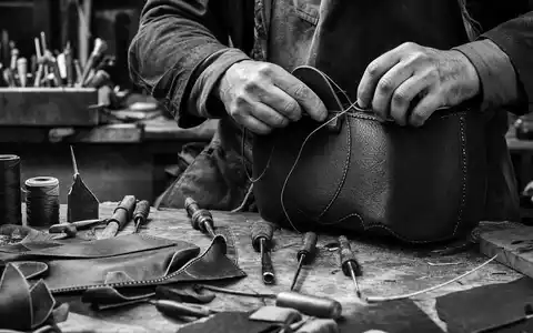 Hermès FR0000125452 zeigt einen Lederhandwerker der im Atelier mit Sattlernadel eine Tasche vernäht - Foto: THN