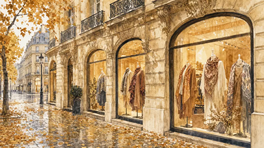 Watercolor painting of elegant Parisian luxury boutique facade with golden autumn leaves