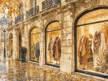 Hermès FR0000125452 inspiriert dieses Aquarell eines Pariser Luxus-Boutique-Schaufensters im herbstlichen Faubourg mit goldenen Blättern - Foto: THN