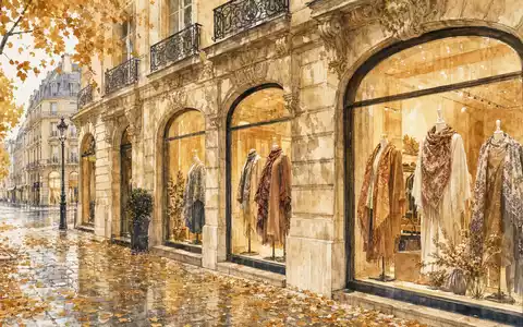 Hermès FR0000125452 inspiriert dieses Aquarell eines Pariser Luxus-Boutique-Schaufensters im herbstlichen Faubourg mit goldenen Blättern - Foto: THN