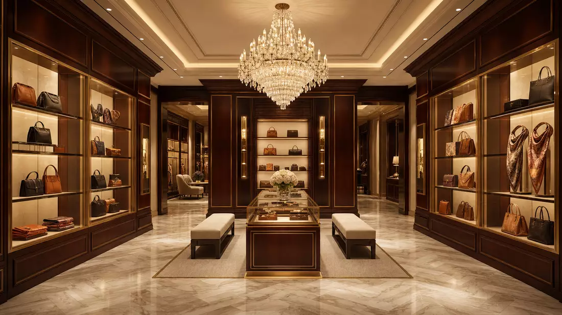 Architectural 3D render of luxury showroom with mahogany vitrines and crystal chandelier in Paris