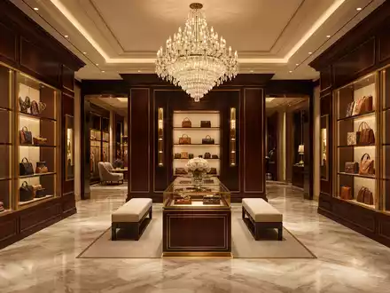 Hermès FR0000125452 verkörpert dieser elegante Showroom mit Mahagoni-Vitrinen und prächtigem Kristall-Kronleuchter in Paris - Foto: THN