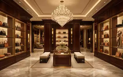 Hermès FR0000125452 verkörpert dieser elegante Showroom mit Mahagoni-Vitrinen und prächtigem Kristall-Kronleuchter in Paris - Foto: THN