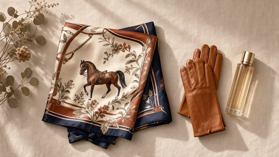 Flatlay of equestrian silk scarf, cognac leather gloves and glass perfume bottle on linen