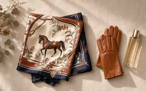 Hermès FR0000125452 steht für Seidenschal mit Reitermotiv, cognacfarbene Lederhandschuhe und einen eleganten Parfumflakon - Foto: THN