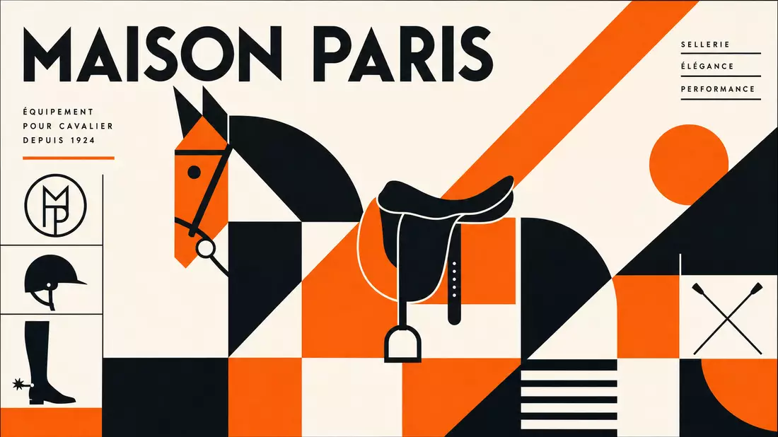 Bauhaus style poster with abstract geometric horse saddle in orange black white, MAISON PARIS text
