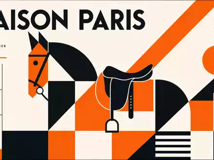 Hermès FR0000125452 inspiriert dieses Bauhaus-Poster mit abstraktem Sattel und Pferd in Orange Schwarz Weiß - Foto: THN