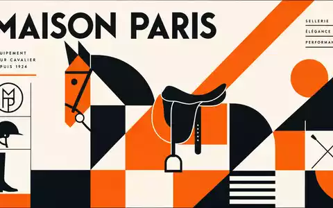 Hermès FR0000125452 inspiriert dieses Bauhaus-Poster mit abstraktem Sattel und Pferd in Orange Schwarz Weiß - Foto: THN
