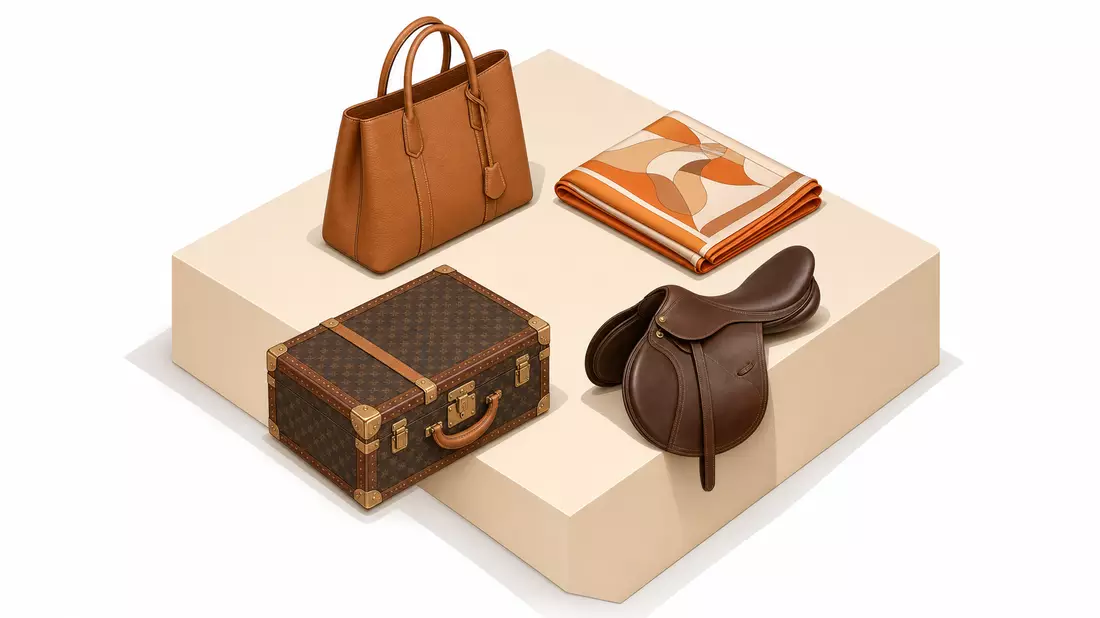 Isometric 3D illustration of leather bag, silk scarf, travel trunk and horse saddle on cube