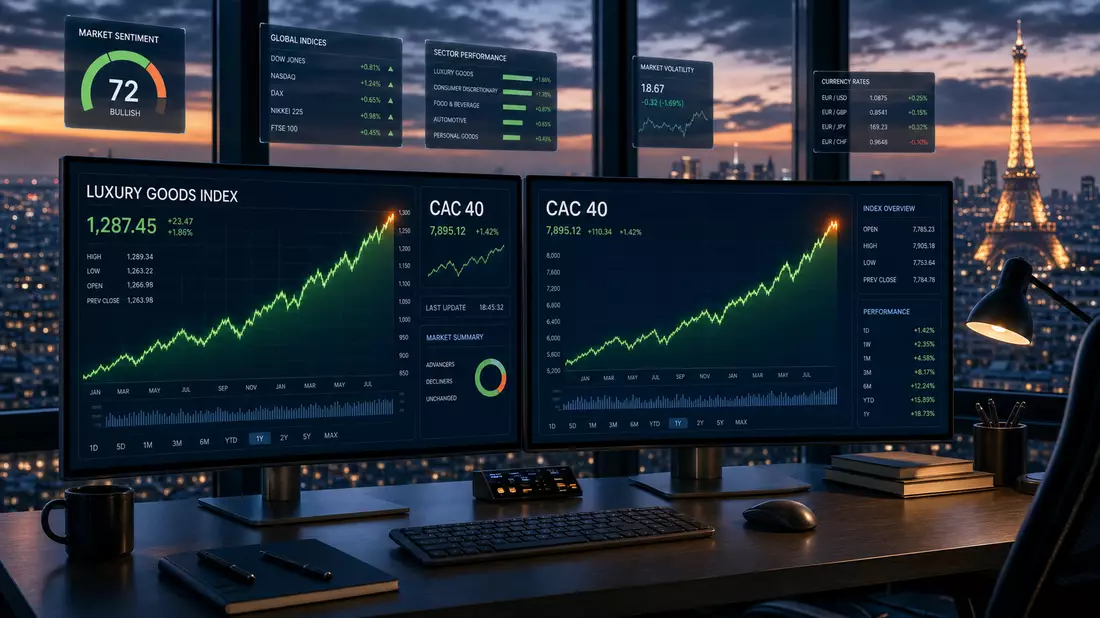 Stock market editorial showing LUXURY GOODS INDEX and CAC 40 charts with Paris skyline at dusk