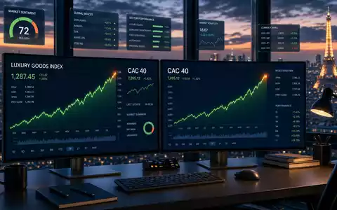 Hermès FR0000125452 im Börsen-Editorial mit LUXURY GOODS INDEX und CAC-40-Charts vor Pariser Skyline - Foto: THN