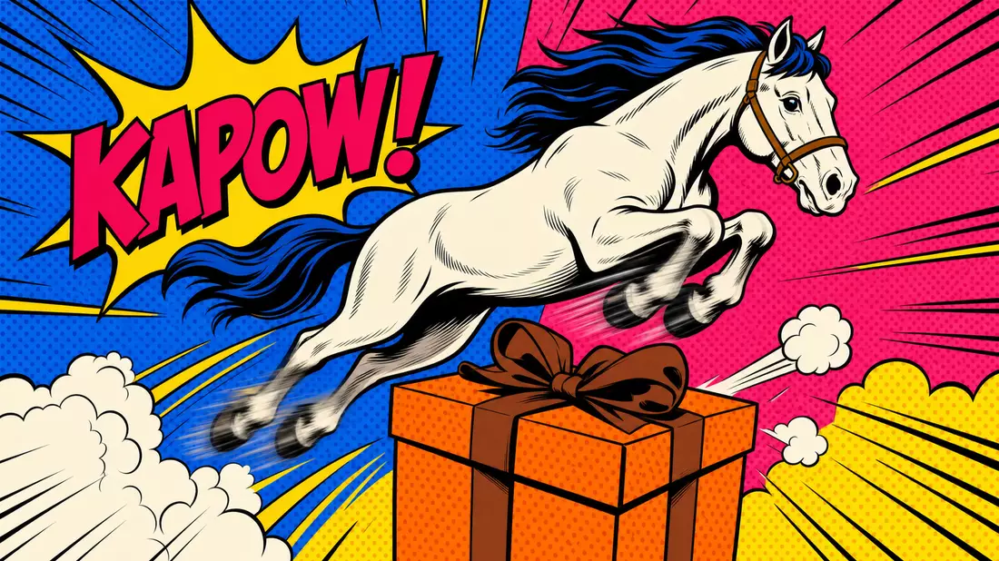 Pop art comic of white horse leaping over orange gift box with KAPOW bursts and halftone dots