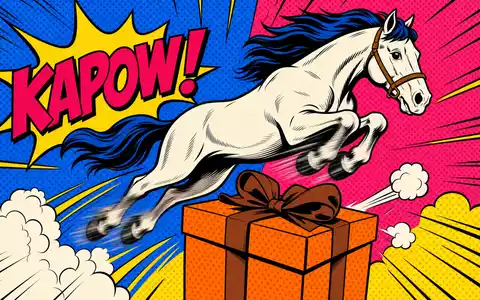 Hermès FR0000125452 als Pop-Art-Comic mit einem weißen Pferd das über eine orangefarbene Geschenkbox springt - Foto: THN