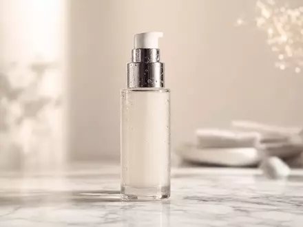 L'Oréal FR0000125486 zeigt eine generische Kosmetikflasche auf weißem Marmor im professionellen Beauty-Studio - Foto: THN