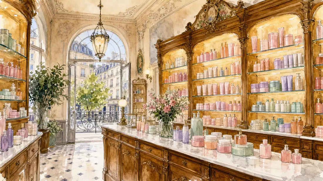Watercolor illustration of a classic Parisian pharmacy interior with colorful unbranded beauty jars 