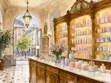 L'Oréal FR0000125486 Aquarell-Illustration einer klassischen Pariser Apotheke mit bunten Beauty-Regalen voller Tiegel - Foto: THN