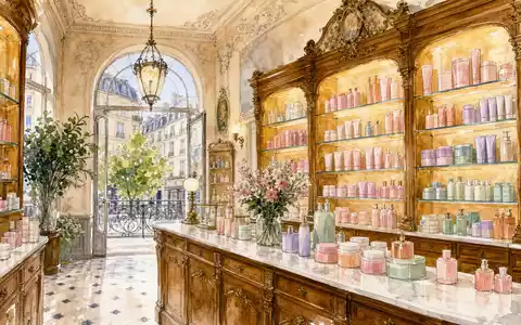 L'Oréal FR0000125486 Aquarell-Illustration einer klassischen Pariser Apotheke mit bunten Beauty-Regalen voller Tiegel - Foto: THN