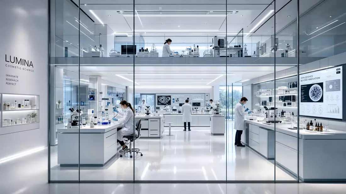 Architectural render of a modern white cosmetic research laboratory with glass walls and scientists 