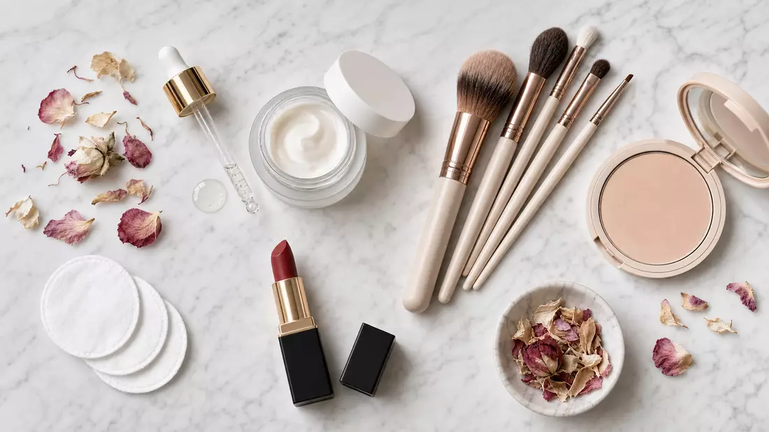 Top-down flatlay of unbranded serum pipette, cream jar, makeup brushes, lipstick, powder compact and cotton pads on white marble