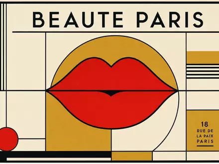 L'Oréal FR0000125486 Bauhaus-Poster mit stilisierter roter Lippe in Gold-Weiß und BEAUTE PARIS Schriftzug - Foto: THN