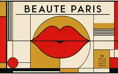 L'Oréal FR0000125486 Bauhaus-Poster mit stilisierter roter Lippe in Gold-Weiß und BEAUTE PARIS Schriftzug - Foto: THN