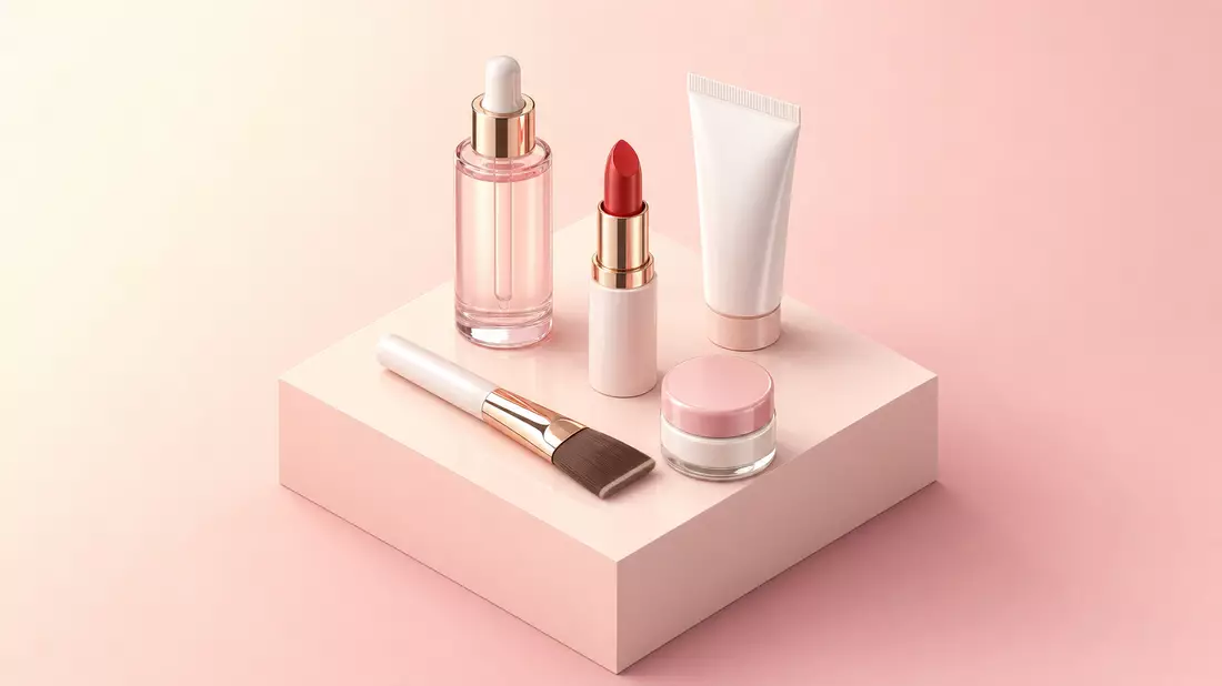 Isometric 3D render of unbranded cosmetic bottle, lipstick, tube, brush and jar on a pastel cube platform