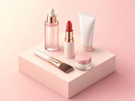 L'Oréal FR0000125486 zeigt ein isometrisches 3D-Rendering generischer Kosmetikprodukte auf einem pastellfarbenen Würfelsockel - Foto: THN