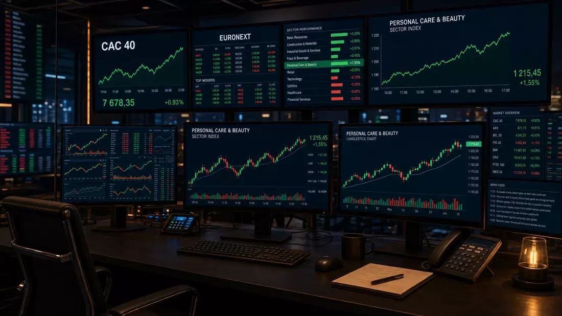 Editorial photo of trading screens showing CAC 40 and EURONEXT Personal Care and Beauty sector index charts