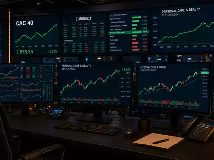 L'Oréal FR0000125486 Trading-Bildschirme zeigen CAC 40 und EURONEXT Personal Care Beauty Sektor-Index-Charts - Foto: THN