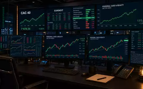 L'Oréal FR0000125486 Trading-Bildschirme zeigen CAC 40 und EURONEXT Personal Care Beauty Sektor-Index-Charts - Foto: THN