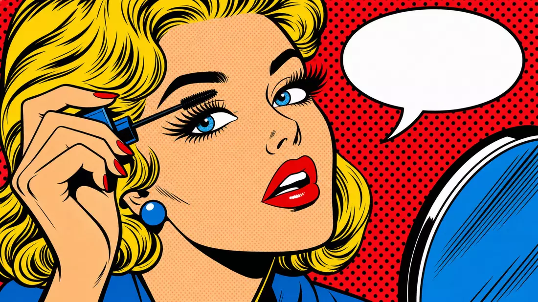 Pop art comic style woman applying mascara with bold primary colors and halftone dot background