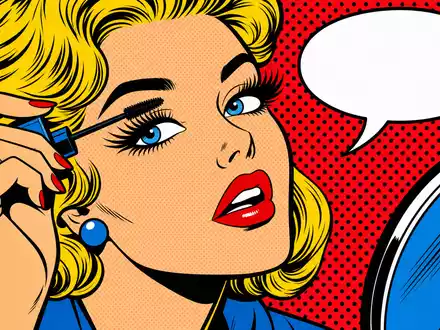 L'Oréal FR0000125486 Pop-Art-Comic einer Frau beim Wimperntusche-Auftragen mit knalligen Primärfarben und Rasterpunkten - Foto: THN