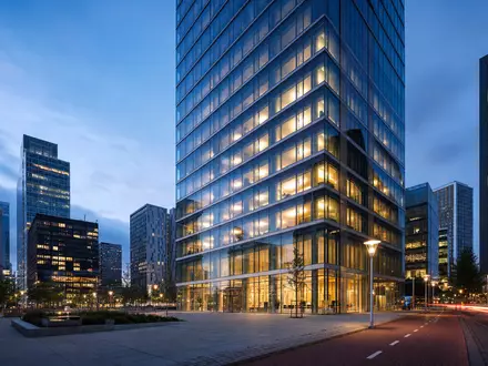 ING Groep NL0011775227 modernes Hochhaus Amsterdam Zuidas mit Glasfassade bei blauer Stunde Finanzdistrikt - Foto: THN