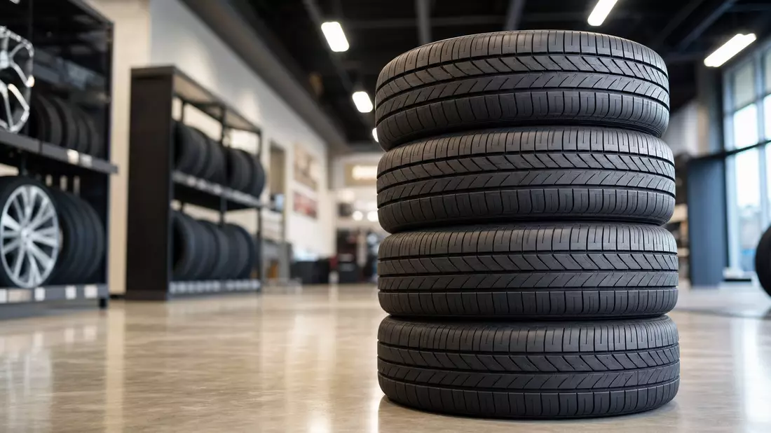 Stack of new unbranded passenger car tires with detailed tread pattern in automotive showroom