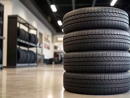 Michelin FR0000120321 Reifenhersteller zeigt gestapelte neue Pkw-Neureifen mit Profilmuster im modernen Showroom - Foto: THN