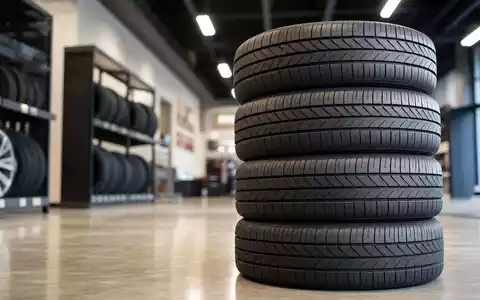 Michelin FR0000120321 Reifenhersteller zeigt gestapelte neue Pkw-Neureifen mit Profilmuster im modernen Showroom - Foto: THN
