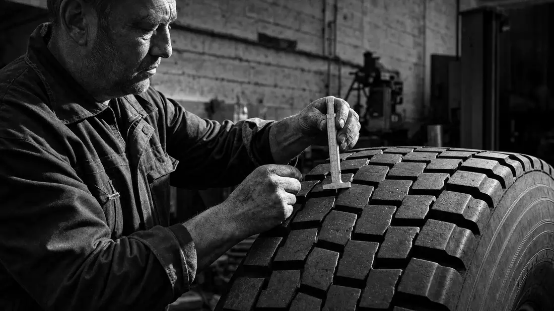 Black and white reportage photo of tire technician measuring truck tire tread depth with gauge