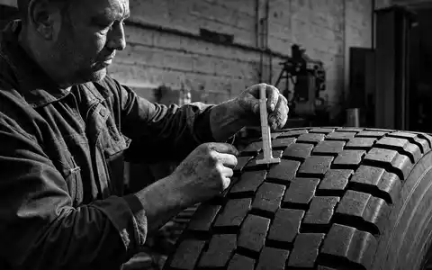 Michelin FR0000120321 Reifenprüfung zeigt Techniker mit Profiltiefenmesser an schwerem Lkw-Reifen in SW - Foto: THN