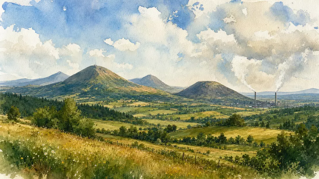 Watercolor painting of French Auvergne volcanic landscape with puy domes and factory chimneys