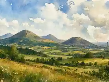 Michelin FR0000120321 Heimatregion zeigt Auvergne Vulkankegel mit grünen Tälern und Industrieschloten in Aquarell - Foto: THN