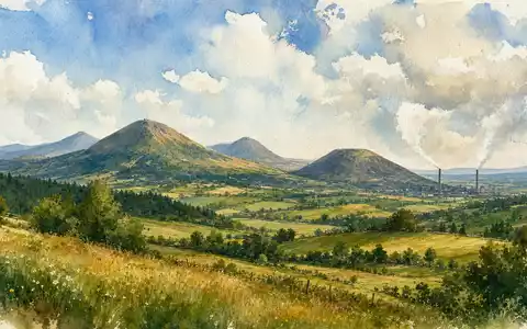 Michelin FR0000120321 Heimatregion zeigt Auvergne Vulkankegel mit grünen Tälern und Industrieschloten in Aquarell - Foto: THN
