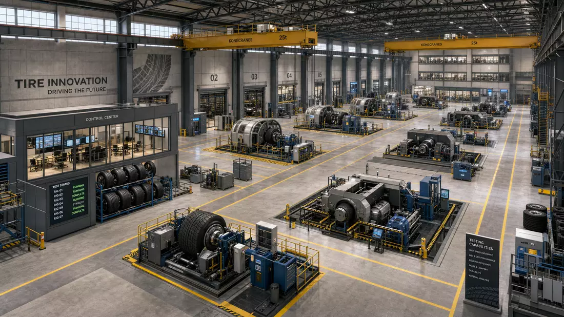 Architectural render of modern tire research facility interior with overhead cranes and test rigs